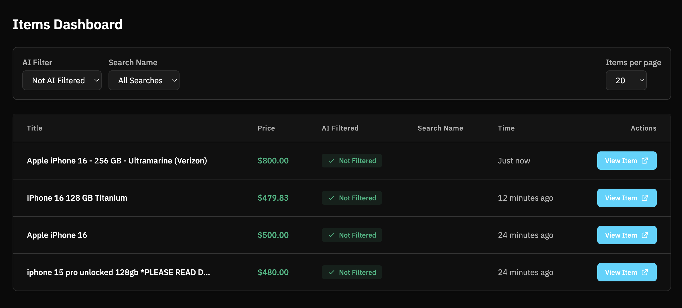Items dashboard showing matched listings